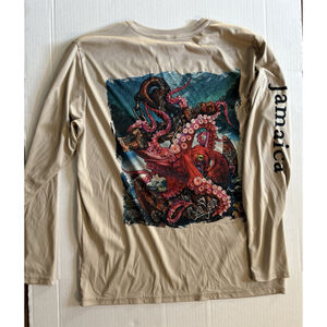 Sea Fear Performance Wear Graphic Long Sleeve Shirt Mens L Tan UPF 50+ Jamaica